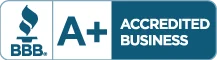 BBB logo with text reading "A+ Accredited Business" on a blue and white background.