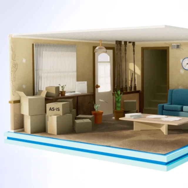 A cross-section view of a living room with a blue sofa, coffee table, several cardboard boxes labeled "AS-IS," potted plants, and a door, shown in a model-like cutaway style.
