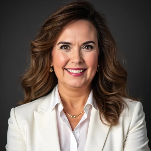 A woman with wavy brown hair wearing a white blazer, white blouse, and gold jewelry smiles at the camera against a dark background.