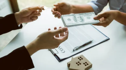 Home cash buyer and seller exchanging cash and filing a form