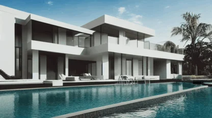 Modern two-story house with large glass windows and balconies, featuring a swimming pool in the foreground and palm trees in the background under a blue sky.