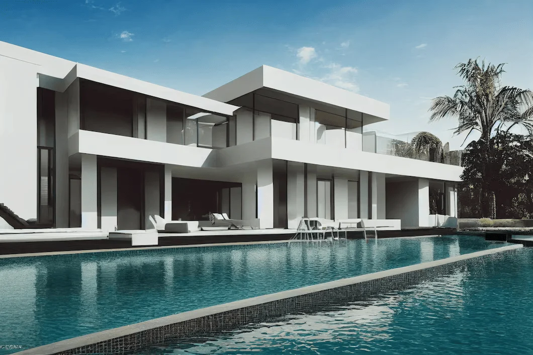 Modern two-story house with large glass windows and balconies, featuring a swimming pool in the foreground and palm trees in the background under a blue sky.