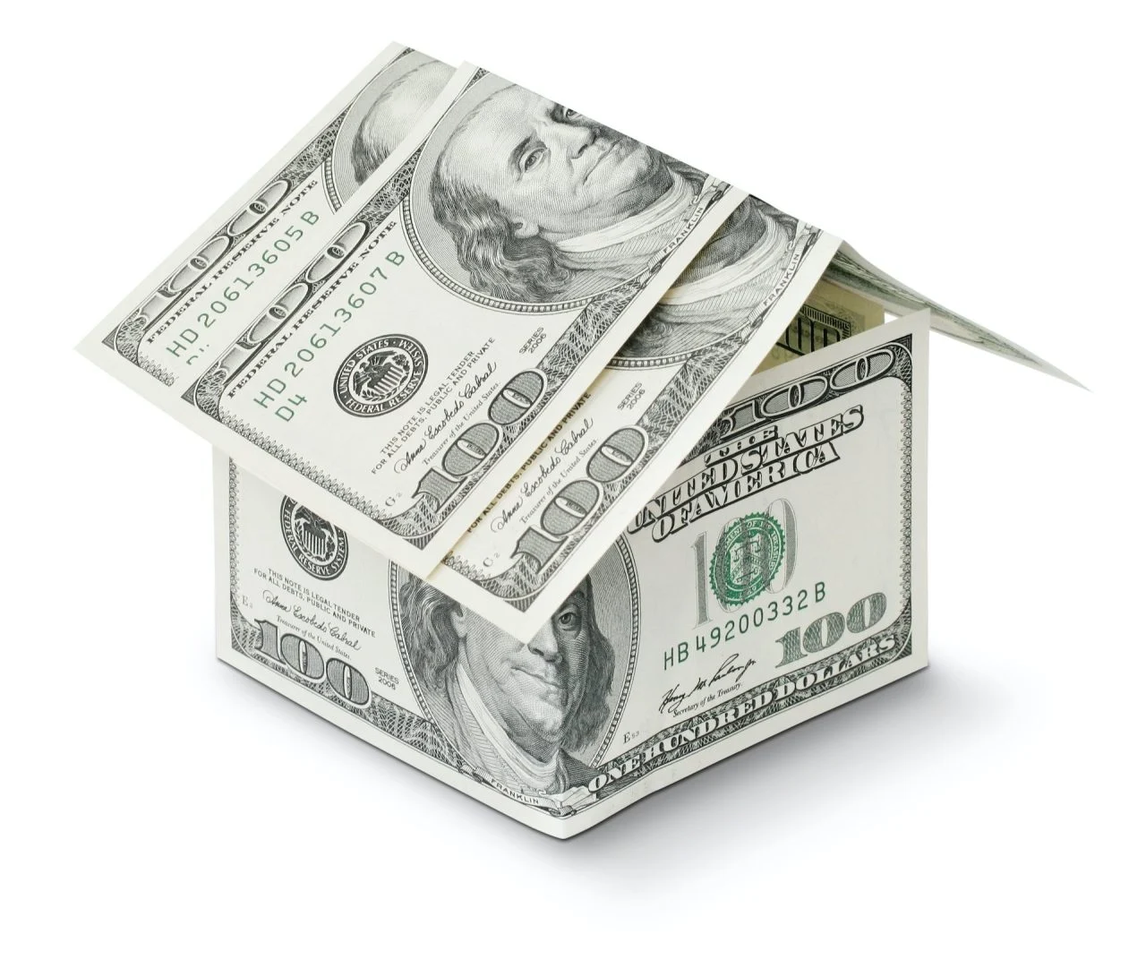 A house constructed from folded U.S. one hundred dollar bills, symbolizing the concept of money and real estate.