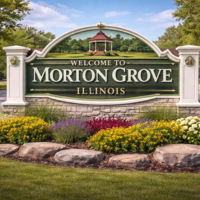 A large “Welcome to Morton Grove, Illinois” sign stands surrounded by colorful flowers, greenery, and a tree-lined roadway in the background.